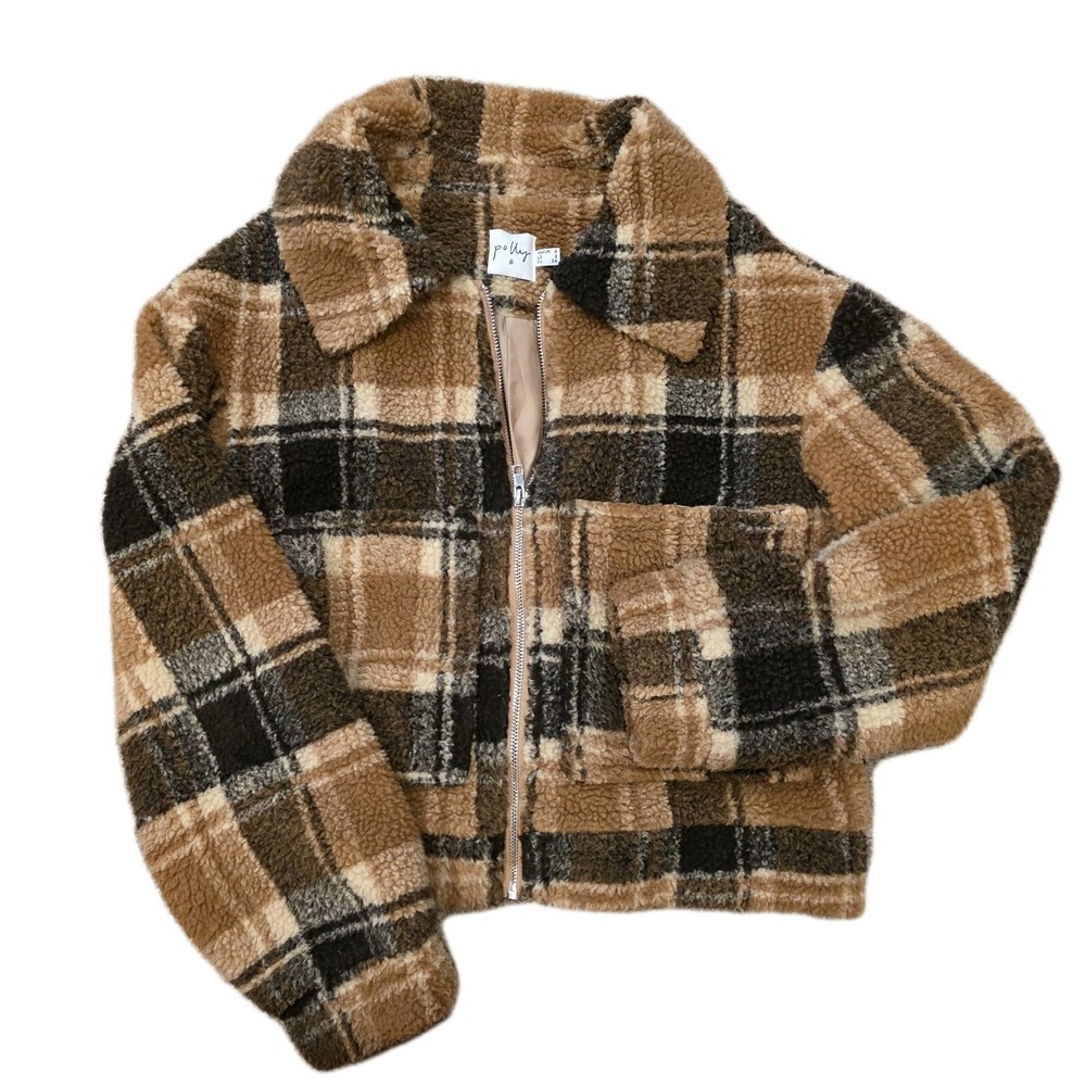 Polly Brown Plaid Fleece Pillover Full Zip Teddy Sz 2 Small Princess Polly